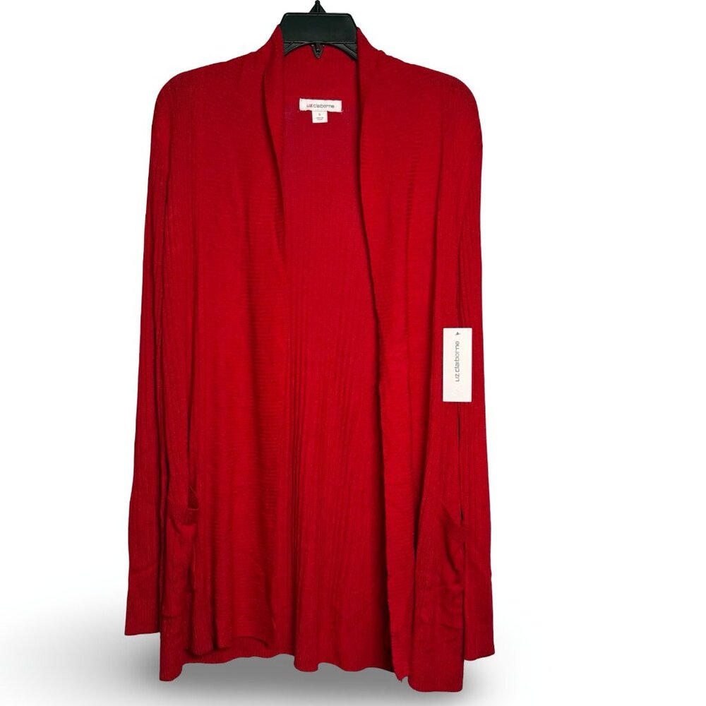 Liz Claiborne Cardigan Sweater Womens S Red Open Front Ribbed Knit Pockets NWT - Picture 2 of 8